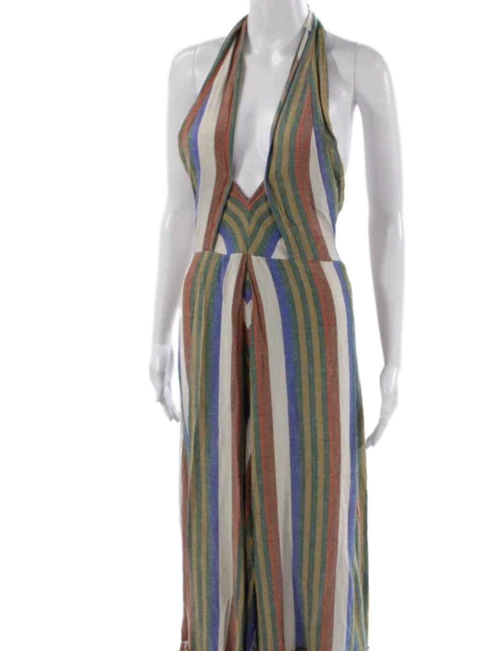 Free People Striped Halter Jumpsuit in Multi Stripe (Green, Blue, Brown, Cream)